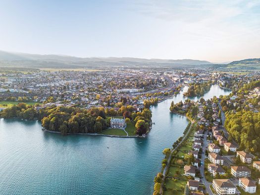 Blick vom Thunersee auf die Stadt Thun 