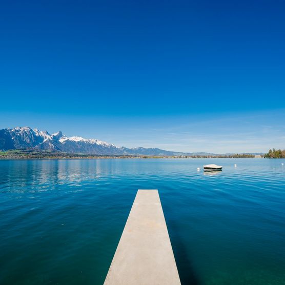 Steg ragt in den tiefblauen Thunersee hinaus und bietet Ausblick auf Stockhorn und vorbeiziehende Schiffe