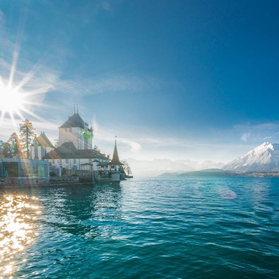 Die Sonnenstrahlen funkeln über dem Schloss Oberhofen und glitzern im Thunersee. Im Hintergrund der Niesen.