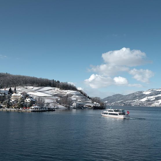 Schiff auf dem blauen Thunersee in der verschneiten Winterlandschaft