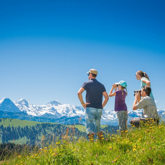 Familie und Ranger der Lombachalp geniessen das Panorama mit Blick zu den Bergen im Berner Oberland