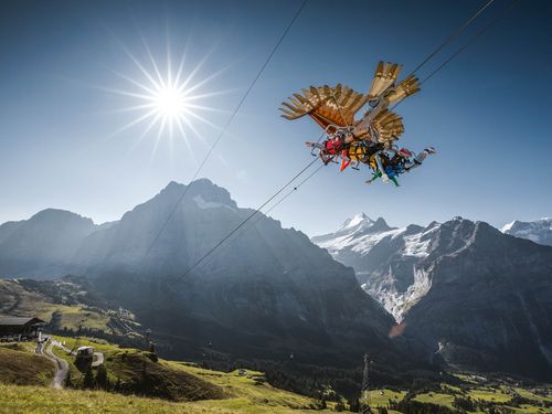 Firstglider in Grindelwald First mit strahlender Sonne am blauen Himmel