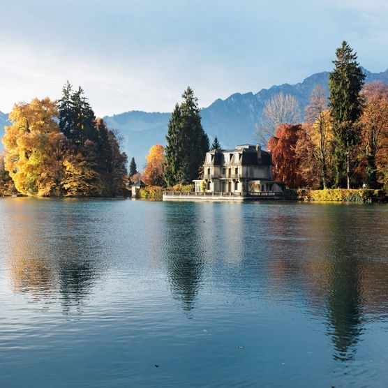 Eindrucksvoller Ausblick über die spiegelglatte Aare und die herbstlich, bunte Naturlandschaft