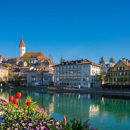 Im Frühling zieren Blumen die Promenaden, die entlang der Aare bis in das Zentrum der Stadt Thun führen