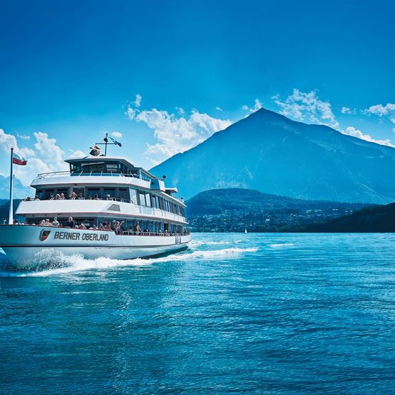 Schiff auf tiefblauem Thunersee, imposanter Niesen im Hintergrund