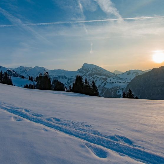 Ausblick auf einen wundervollen Sonnenaufgang von einer Hochebene aus während einer Skitour im Naturpark Diemtigtal