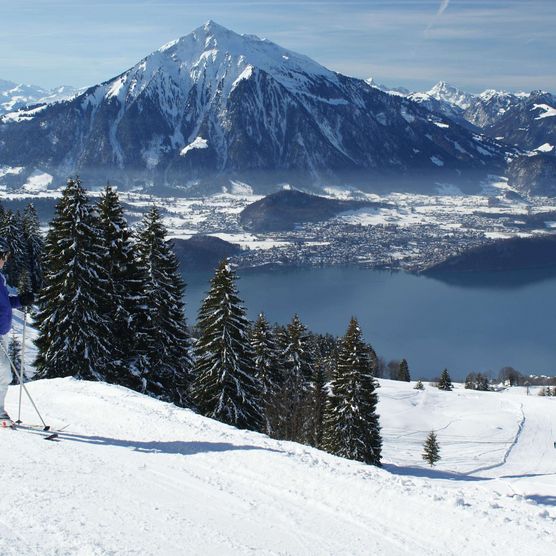 Skifahrerin auf einer Piste mit Panoramablick im kleinen, feinen Skigebiet Sigriswil-Schwanden